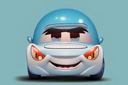 whimsical cartoon car with big eyes and its front grill forming a friendly smile