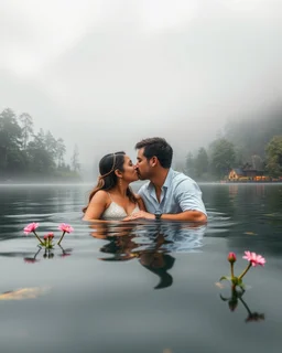 Portrait Romantic couple swimming kissing together in lake Wonderful landscape fantasy early morning heavy fog photography art Rivendell village,lake,magical forest and houses,beautiful mushrooms,roses flowers,little waterfall,lake,close up photo beautiful romance couples on swimming together in lake