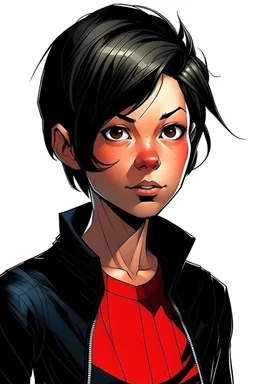 A woman character with a black short wolf cut hair in Spiderman comic style