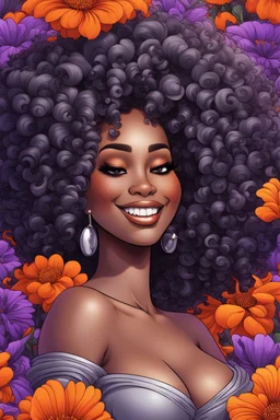 Create an psychedelic cartoon image of a curvy black female wearing a grey off the shoulder blouse and she is looking down with Prominent makeup. she smiles with platinum cap on one tooth . Highly detailed tightly curly black afro. Background of large orange and purple flowers surrounding her