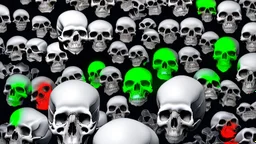 hundreds of anatomically correct, human skulls stacked into a wall unusual neon lighting, high octane, 64k, dystopian, vray, a picture of a dark, comedic, anatomically correct wall of colorful tightly packed skulls of varying sizes and expressions, photo-realistic, insanely meticulous, highly detailed,, 64k, dystopian, vray