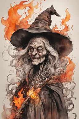 create an abstract ink wash and watercolor caricature of an aged, malevolent, ornately dressed , 14th century sorceress engulfed in fire ,highly detailed with refined facial features in the cartoon caricature style of Gerald Scarfe and Ralph Steadman precisely drawn, boldly inked, vividly colored, 4k