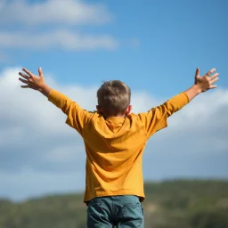 15 year old boy from behind with arms outstretched