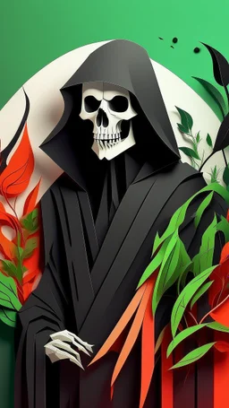 VECTORED, LAYERED, PAPER PIECES, CLEAN, RGB, GRIM REAPER ICON, MADE FROM HUNDREDS OF INDIVIDUDALLY CUT PIECES OF CARD STOCK GRADE PAPER, PHOTOREALISTICS