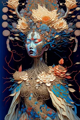 The surreal picture entitled "Queen of the damned" depicts an Ethereal woman wearing an intricately detailed gown made of quilling made of objects from nature who has flowers cascading down from the top of her head", hyper-detailed, constructivism, stunning, dynamic, Victo Ngai, Michelangelo, Dali