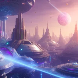 futuristic city with astroport and transparent bridges, galactic landsacape with multicolored crystals falling from the sky, full of details, smooth, bright sunshine，soft light atmosphere, light effect，vaporwave colorful, concept art, smooth, extremely sharp detail, finely tuned detail, ultra high definition, 8 k, unreal engine 5, ultra sharp focus