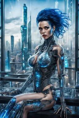 A beautyful transparent glass body biomechanical woman with black-blue hair, sitting in the cyberpunk rooftop bar in futuristic city, intricate details, HDR, beautifully shot, hyperrealistic, sharp focus, 64 megapixels, perfect composition, high contrast, cinematic