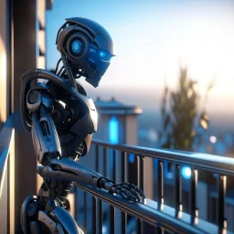 ninja robot on balcony, 8k, down-light, soft light, depth of field, photo realism, trending on art station, high detail