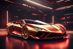 Lamborghini Fantazma GOLD red CHROME design, high quality, 3d render, digital art, 32K ultra hd, hyper realistic, cinematic, high definition, new design, tron style, ultra detailed atmospheric details, beautiful glowing effects, sparkle effects, MULTICOLORS, METAL MATERIAL,