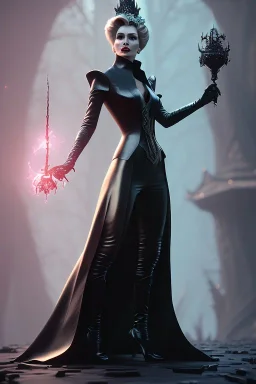 Constance Langdon as evil queen in black leather, leather, busty, cleavage, angry, stern look. character design by cory loftis, fenghua zhong, ryohei hase, ismail inceoglu and ruan jia. unreal engine 5, artistic lighting, highly detailed, photorealistic, fantasy