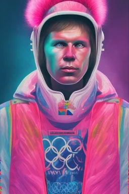 Portrait of Matti Nykänen in olympics. colorful. pink.