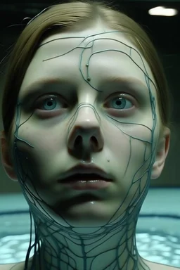 20 year old woman, sunken face, (A Cure for Wellness style, full figure