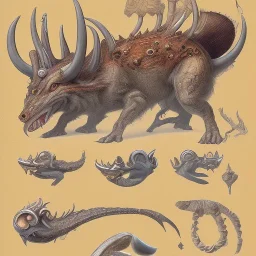 This Guivre has 4 horns bent forward. Its neck is medium length; Its snout is vertically tall, thin, very short, and flat tipped. Its teeth are short. It has no claws, fins, and spotted scales. Its tail is short and medium width.