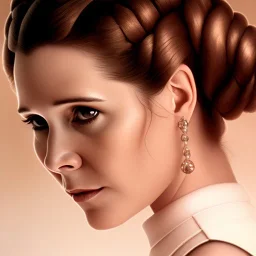 zoomed out stunning photo realistic portrait of carrie fisher as Princess Leia in star wars with photo realistic fine and simple hairstyle, brown eyes, macro lens blur, eos5d mark 4, ef 85mm 5.6, professional majestic photo realistic painting by Ed Blinkey, Atey Ghailan, by Jeremy Mann, Greg Manchess, Antonio Moro, trending on ArtStation, Intricate, High Detail, Sharp focus, dramatic, by greg rutkowski, realism, beautiful and detailed lighting,