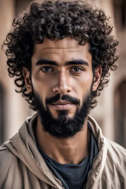 Hero portret of a moroccan man who is 26 years old, has curly hair and a beard with the following features Man of dedication Hardworking (Almost doubting if I lost my mind) Respectful Punctual Direct Honest Well mannered
