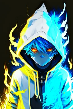 An anime boy who is a devil and wears a white and black hoodie with streaks of blue and light yellow colors, as well as an electronic and neon mask that only covers the front of his mouth with yellow and light blue colors, his eyes are yellow and That one is blue and they are neon, his back is surrounded by fire, and the fire is a combination of blue and yellow colors
