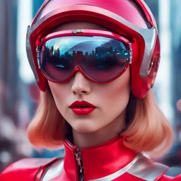 a close up of a person wearing a pair of goggles, trending on cgsociety, retrofuturism, dior campaign, red face, stunning screenshot, 60's sci-fi pinup style, futuristic street, cgsociety - w 1 0 2 4 - n 8 - i, professional iphone photo, barbie cyborg, masterpiece ; behance hd, description, award winning fashion photo, shot with Sony Alpha a9 Il and Sony FE 200-600mm f/5.6-6.3 G OSS lens, natural ligh, hyper realistic photograph, ultra detailed -ar 1:1 —q 2 -s 750)