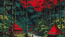 A blackish red savage jungle at nighttime painted by Utagawa Hiroshige