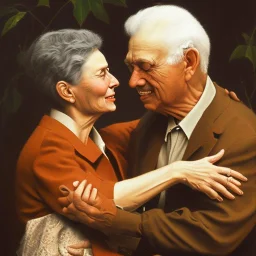 blowing leaves::woman’s pro"auto"> oil canvas of a old men and woman giving each other a hug