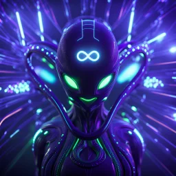 3D infinity symbol ∞ on alien's forehead, infinity figure-of-eight symbol is totally-symmetrical and glowing, exotic, neon, alien, inspiring, fantasy, scientific, friendly, beautiful, octane render, 8k post-production, artstation: award-winning: atmospheric: commanding: fantastical: clarity: 16k: ultra quality: striking: brilliance: liquid medium: stunning colors: amazing depth; lens: f/8, 28mm