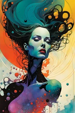 create a wildly abstract and chaotic full body illustration of an amorphous woman with highly detailed facial features utilizing fluid organic shapes, in the comic book art style of Bill Sienkiewicz, Mike Mignola, and Jean Giraud Moebius, finely textured, drawn, colored, and inked