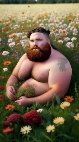 full figure photography, shy muscular big fat chubby, 35mm lens, burly italian man short hair, 28 years old sitting in the meadow with a flower in a hand, near a big farm , red short beard, , hairy armpits, manly armpits, ugly, manly chest, hairy chest, big shoulders, , huge belly, manly chest, shirtless, with boxer, emotive eyes looking at camera, photorealistic ,sunlight , ambient occlusion, side view, poetic composition, golden ratio