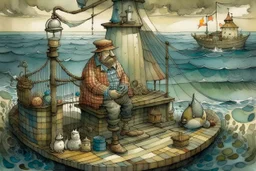 A fat man wearing a hat, is in a bath tub, by a light house, by andrea kowch, holding a umbrella, inspired by andrew wyeth. A rustic harbour, with ships docked is nearby. The Beach is covered with sea shells, crabs and lobsters.There are rain clouds and everything looks as if done in watercolors victo ngai, matisse, monet, catrin welz-stein, vladi