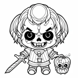 create a 2d black outline, " kawaii psycho clown with knife coloring book for kids", coloring page, low details design, black contour, coloring page design, colorful , card style, coloring page for kids, halloween backgorund,sketch style,