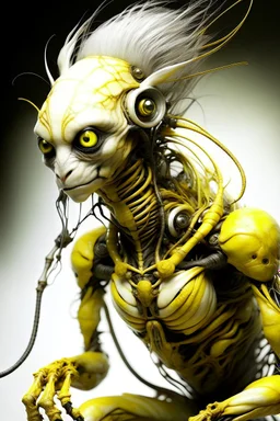 Artist Jean-Baptiste Monge style. A mechanical humanoid pale yellow filament-creature. White furry liquid tendrils. White eyes.