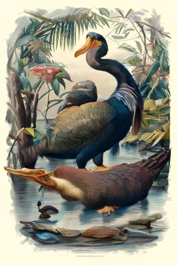 John James Audubon-like illustration of a fully uncropped Dodo bird and a Platypus in a landscape of warm yellows, warm reds, and warm blues