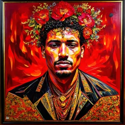 🔥 PROMPT: A painting of a front-facing man, rendered in a colorful and vividly bold design. The composition features striking patterns in red, gold, and black, set against a deep red background. Floral motifs and folkloric elements are intricately woven into the design, creating a dynamic and visually rich piece. The artwork combines the expressive energy of flower power with folkloric influences, exuding a bold, appropriation art style that is both captivating and culturally vibrant.