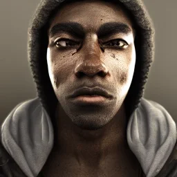 mysterious, black man, long curly black hair, scar on eye, hooded, post-apocalyptic, realistic, intriacte detail, volumetric lighting, particales,highly detailed,cinamatic, deep colours,8k