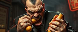 a not so scary but mean looking mafia thug with eating a two hot dogs while fighting on the style of giger