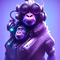 A beautiful portrait of a cute cyberpunk monkey purple blue color scheme, high key lighting, volumetric light