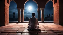 Hyper Realistic Photographic-Back-View of a Young Man-Alone praying-Namaz inside a Brick Mosque at night with moonlight-rays-coming-from-outside-window showing dramatic & cinematic ambiance.