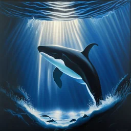 A dramatic, chiaroscuro-style acrylic painting of a powerful orca hunting its prey in the depths of the ocean, with stark contrasts between light and shadow to emphasize the intensity and raw beauty of the scene