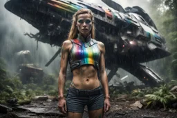 Beautiful female 19 years old with rainbow eyes and vertical rainbow on left cheek, rain-forest warrior, strong, resilient, defiant, full body, with family of 5 beside her, defending, Masterpiece, best quality, cinematic lighting, futuristic, standing in front of crashed spaceship, tough stance.