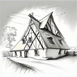 drawing of a 45 degree angle village farm building in the style of art novel