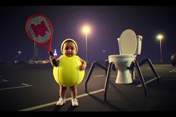 unsettling eerie and sinister, pouting baby in a tennis ball costume waving a tennis racquet, giant anthropomorphic spider-legged toilet creature in a parking lot at night, cctv, found footage, glitchy vcr textures, horizontal static corruption