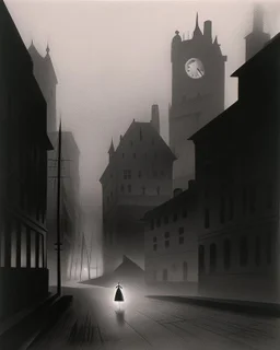 Dark street night figure fog odd Yves Tanguy spooky