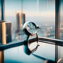 very close up of a wrist watch stands on table in balcony skyscraper camera looks at modern city environment reflected image i n watch plate