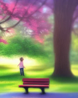 park mystical dream, park bench, man, woman, child, dog, trees, path, bird, sunshine, mystical, fantasy, romanticism, pastel colors, daylight, daytime, acrylic painting, detailed, soft focus,