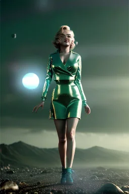 Ultra Realistic retro sci-fi 1960 scene, waist up view portrait, blonde woman, sweet young Marilyn Monroe face, perfect iris, tight latex coat, alien planet background, tight style, steel sphere dron levitating, fog, rain, soft color, highly detailed, unreal engine 5, ray tracing, RTX, lumen lighting, ultra detail, volumetric lighting, 3d, finely drawn, high definition, high resolution.