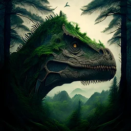 landscape, epic, intricate details, high detail, a dinosaur head over a forest