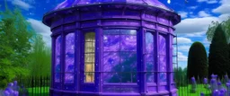 A purple observatory with grasshoppers made out crystals painted by Claude Monet