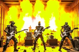 A hard rock band made up of Terminators performs in a burning building.