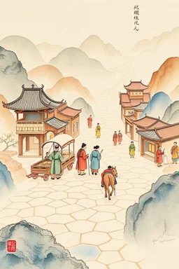 trading caravan Hexi Corridor silk road in ancient times in the style of Zeng Fanzhi watercolour