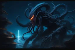 Huge symbiote in 8k solo leveling shadow drawing, Cthulhu model, neon blue lights, sea, intricate details, highly detailed, high details, detailed portrait, masterpiece,ultra detailed, ultra quality