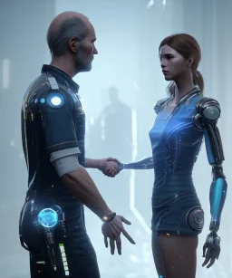 detroit become human, man, young women AI looking at each other, real Handshake with both hands, sci-fi fantasy style, volumetric lighting, particales,highly detailed,cinamatic, deep colours,8k.