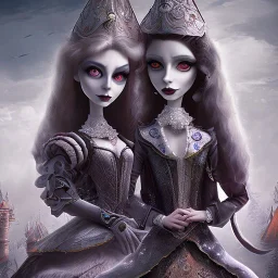 extrem tim burton style of the evil stepsisters, sharp focus, beautiful eyes